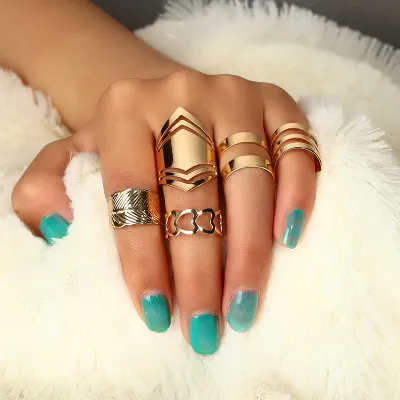 Five-Piece Geometric Metal Ring Set - Alloy Fashion Rings