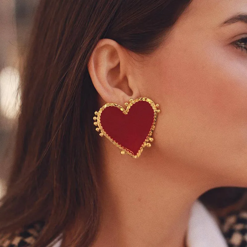 Creative Love Heart Pattern Red Metal Stud Earrings for Women