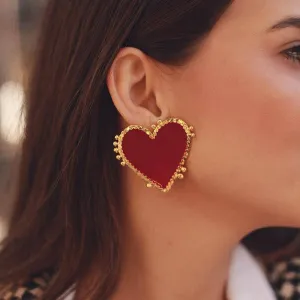Creative Love Heart Pattern Red Metal Stud Earrings for Women