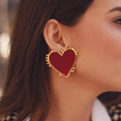 Creative Love Heart Pattern Red Metal Stud Earrings for Women