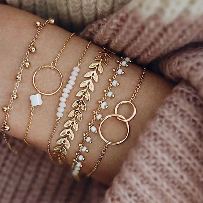 Small Flower Leaves Design Decor Metal Chain Bracelets Set for Women