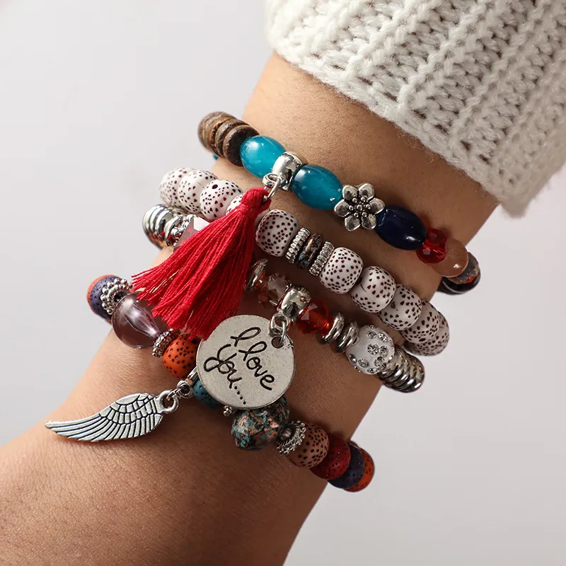 Ethnic Style Tassel Pendant Design Strand Bracelets Set