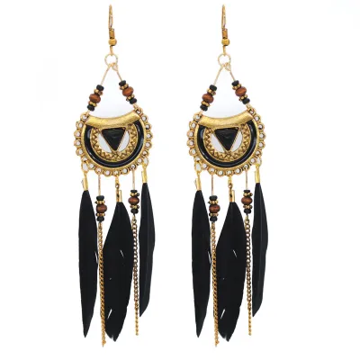 Vintage Alloy Tassel Feather Drop Earrings for Women