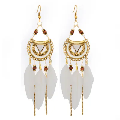 Vintage Alloy Tassel Feather Drop Earrings for Women