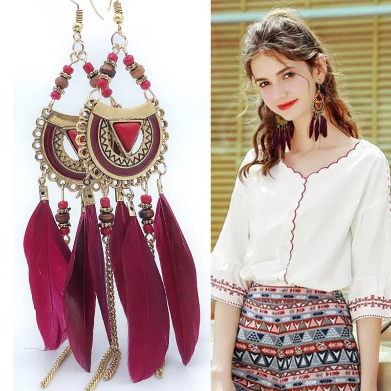 Vintage Alloy Tassel Feather Drop Earrings for Women