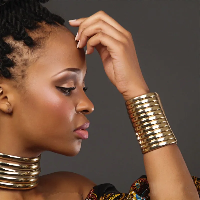 Unique Design Wide Surface Golden Women's African Style Bangle