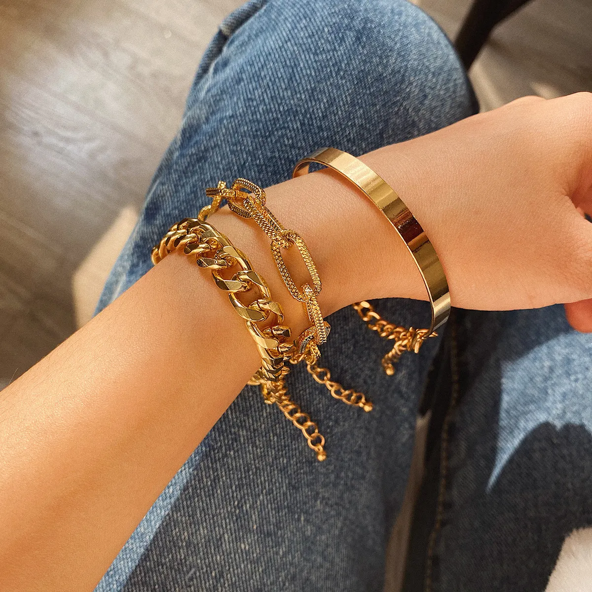 Punk Metal Chain Bracelets Set Geometric for Women