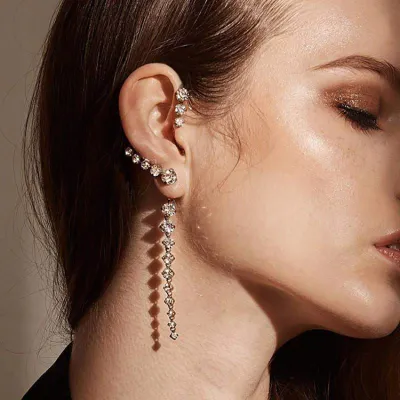 Simple Rhinestone Curved Long Earrings for Women Fashion Alloy