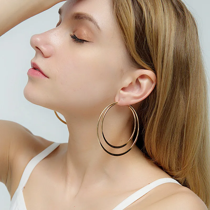 Exaggerated Double Layer Metal Hoop Earrings for Women
