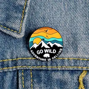 Sunset Mountain Bird Pattern Round Alloy Enamel Brooch Pin Unisex