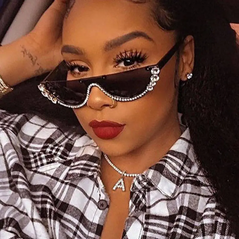 Women Fashion Cat-eye Rhinestone Half Frame Sunglasses