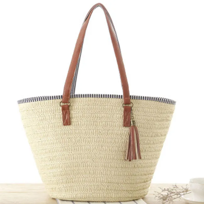 Women Fashion Tassel Pendant Woven Shoulder Tote Bag Soft Solid Color Large Capacity