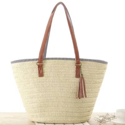 Women Fashion Tassel Pendant Woven Shoulder Tote Bag Soft Solid Color Large Capacity