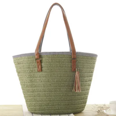 Women Fashion Tassel Pendant Woven Shoulder Tote Bag Soft Solid Color Large Capacity