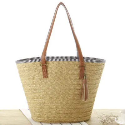 Women Fashion Tassel Pendant Woven Shoulder Tote Bag Soft Solid Color Large Capacity