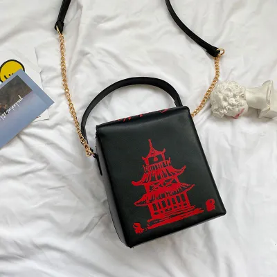 Women's Unique Red Tower Print Crossbody Square Bag with Magnetic Buckle