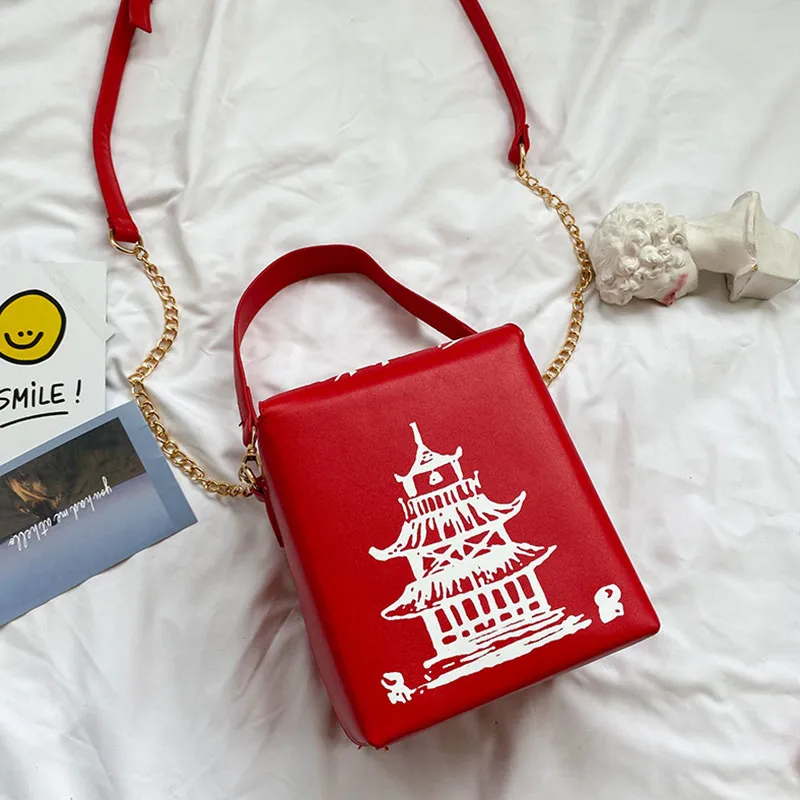 Women's Unique Red Tower Print Crossbody Square Bag with Magnetic Buckle