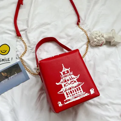 Women's Unique Red Tower Print Crossbody Square Bag with Magnetic Buckle