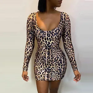 S-XL Sexy Leopard Print Backless Bandage Long-sleeve Bodycon Dress