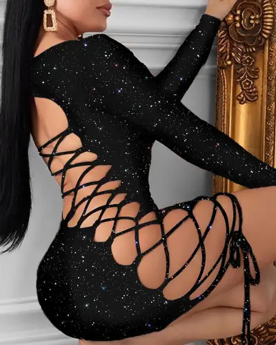 S-XL Sexy Leopard Print Backless Bandage Long-sleeve Bodycon Dress