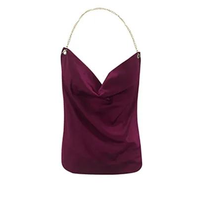 S-XL Women Sexy Backless Halterneck Solid Color Metal Chain Strap Tank Top