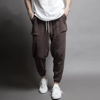 M-3XL Men Casual Pocket Patchwork Creased Drawstring Cotton Pants