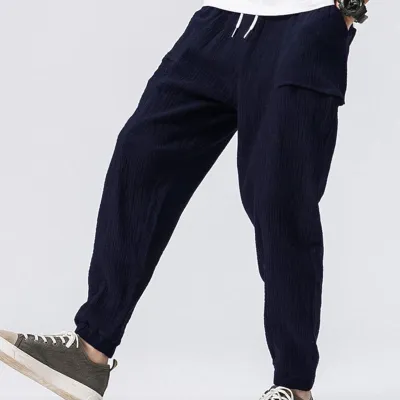 M-3XL Men Casual Pocket Patchwork Creased Drawstring Cotton Pants