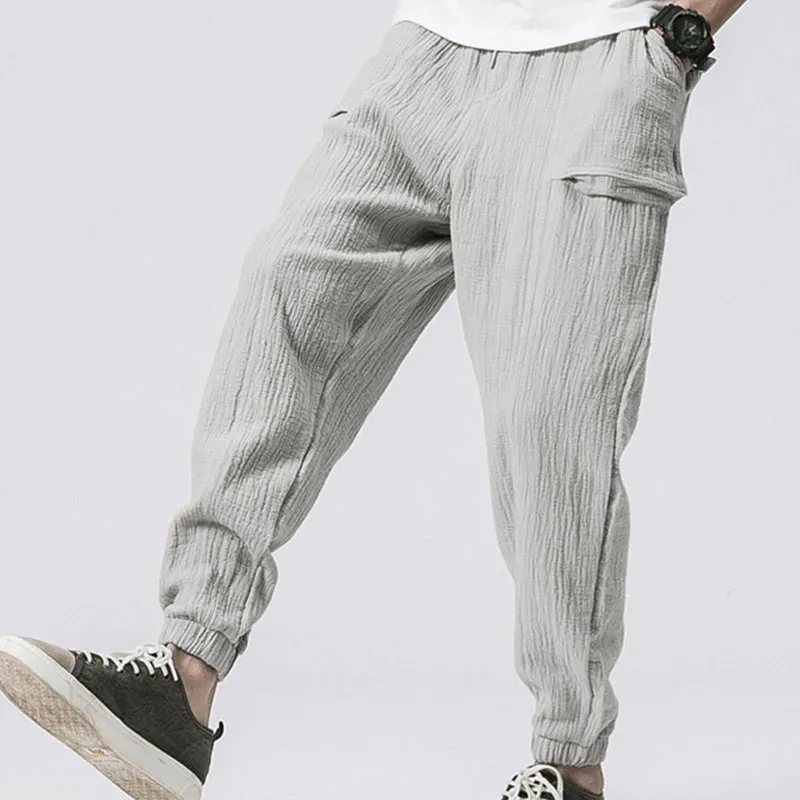 M-3XL Men Casual Pocket Patchwork Creased Drawstring Cotton Pants