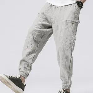 M-3XL Men Casual Pocket Patchwork Creased Drawstring Cotton Pants
