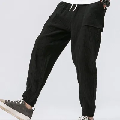 M-3XL Men Casual Pocket Patchwork Creased Drawstring Cotton Pants