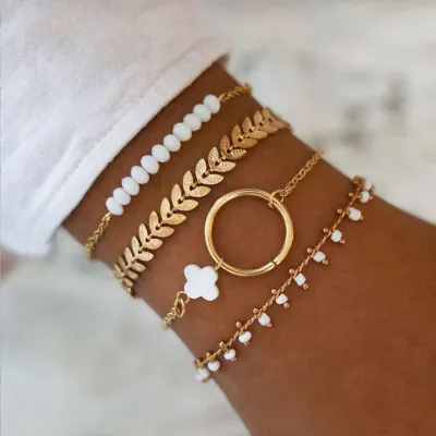 4PCS Women Simple Geometric Leaf Bracelet Set