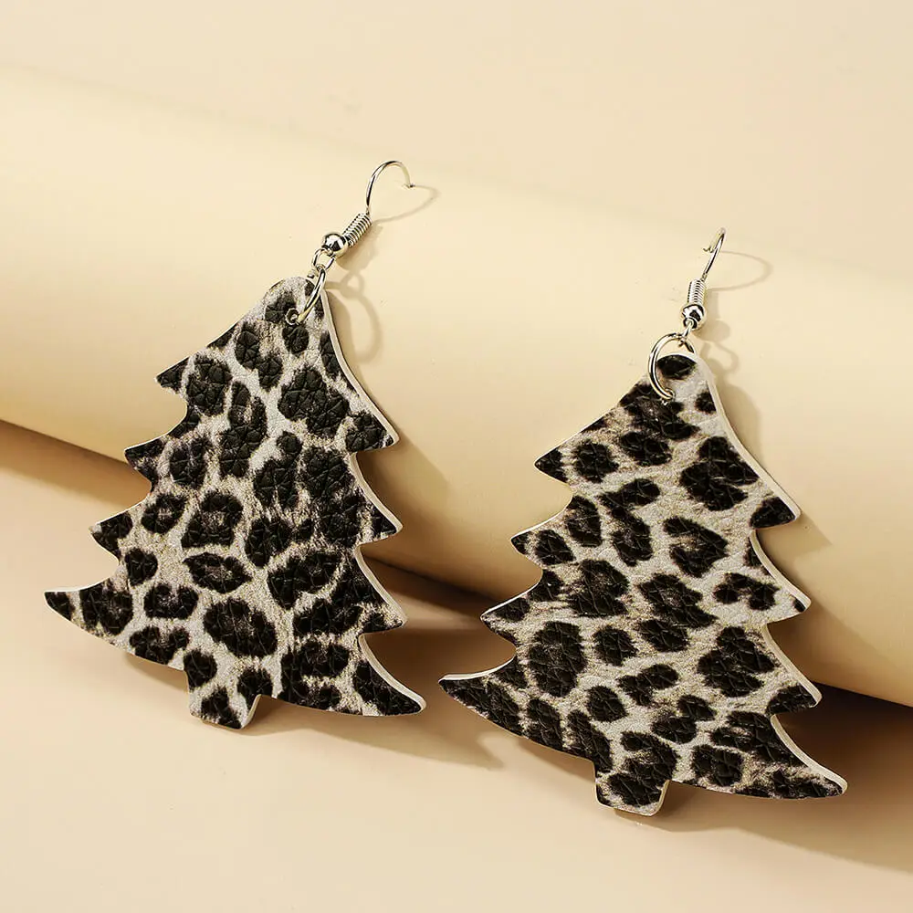 Women Christmas Leopard Printed Pendant Earrings