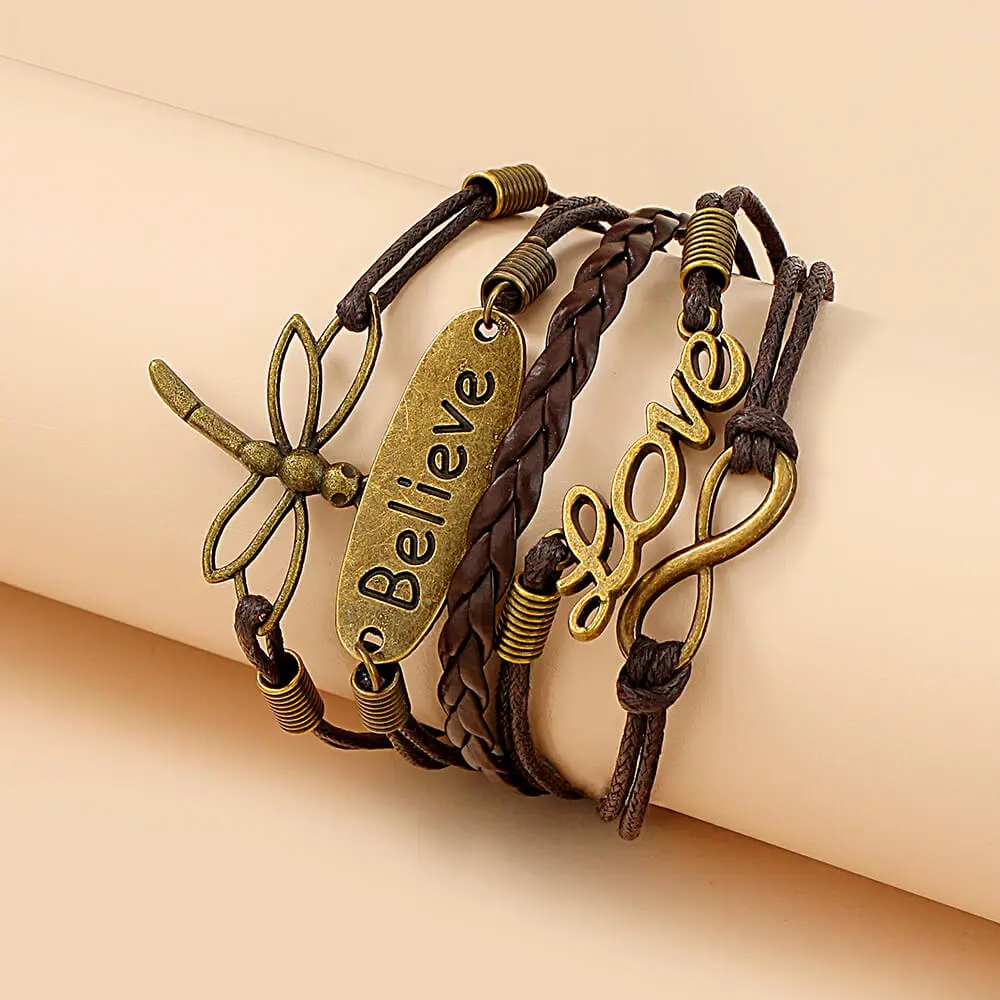 Vintage Letters Dragonfly Decoration Multilayer Unisex Alloy Bracelet