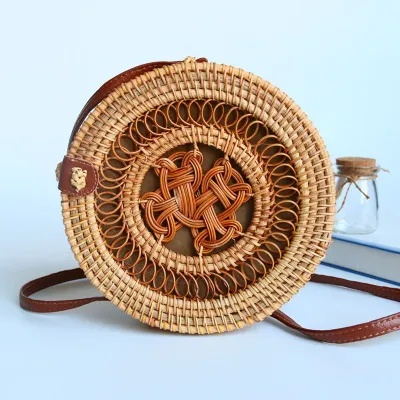 Hollow Lucky Knot Woven Straw Crossbody Bag with Lock Closure