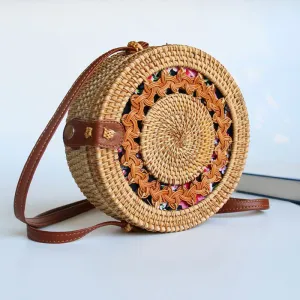 Vacation Women Ethnic Woven Round Straw Crossbody Bag