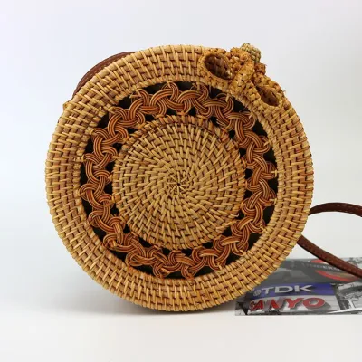 Ethnic Woven Rattan Hollow Round Crossbody Bag