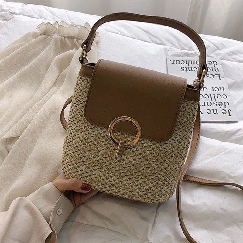 Simple Handmade Straw Woven Crossbody Bag PU Leather Oval Messenger Commuter Bag
