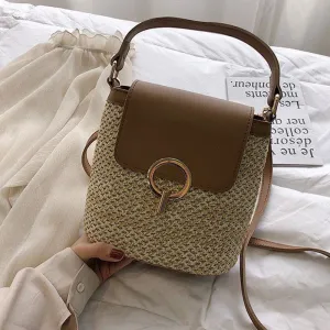 Simple Handmade Straw Woven Crossbody Bag PU Leather Oval Messenger Commuter Bag