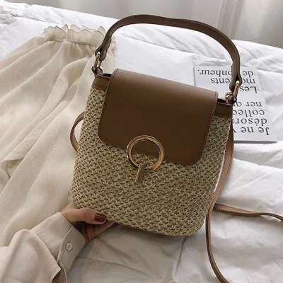 Simple Handmade Straw Woven Crossbody Bag PU Leather Oval Messenger Commuter Bag