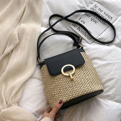 Simple Handmade Straw Woven Crossbody Bag PU Leather Oval Messenger Commuter Bag