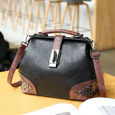 Retro Lock Design Women Studded PU Doctor Bag Crossbody