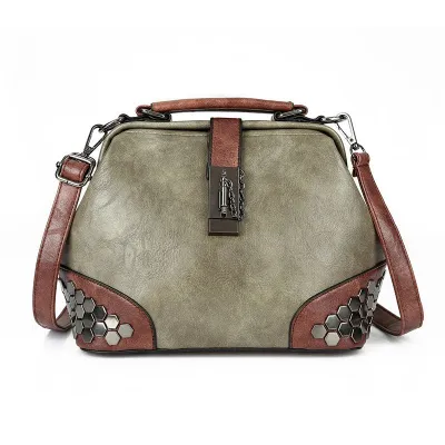 Retro Lock Design Women Studded PU Doctor Bag Crossbody