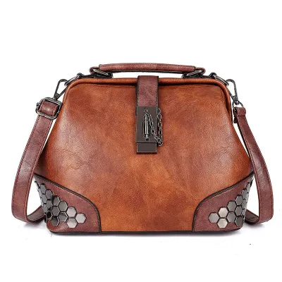 Retro Lock Design Women Studded PU Doctor Bag Crossbody