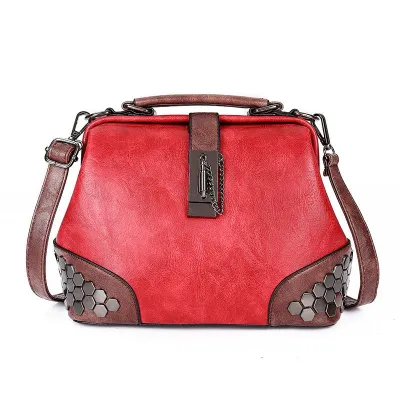 Retro Lock Design Women Studded PU Doctor Bag Crossbody