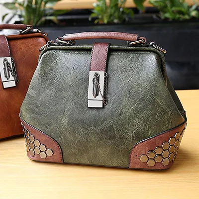 Retro Lock Design Women Studded PU Doctor Bag Crossbody