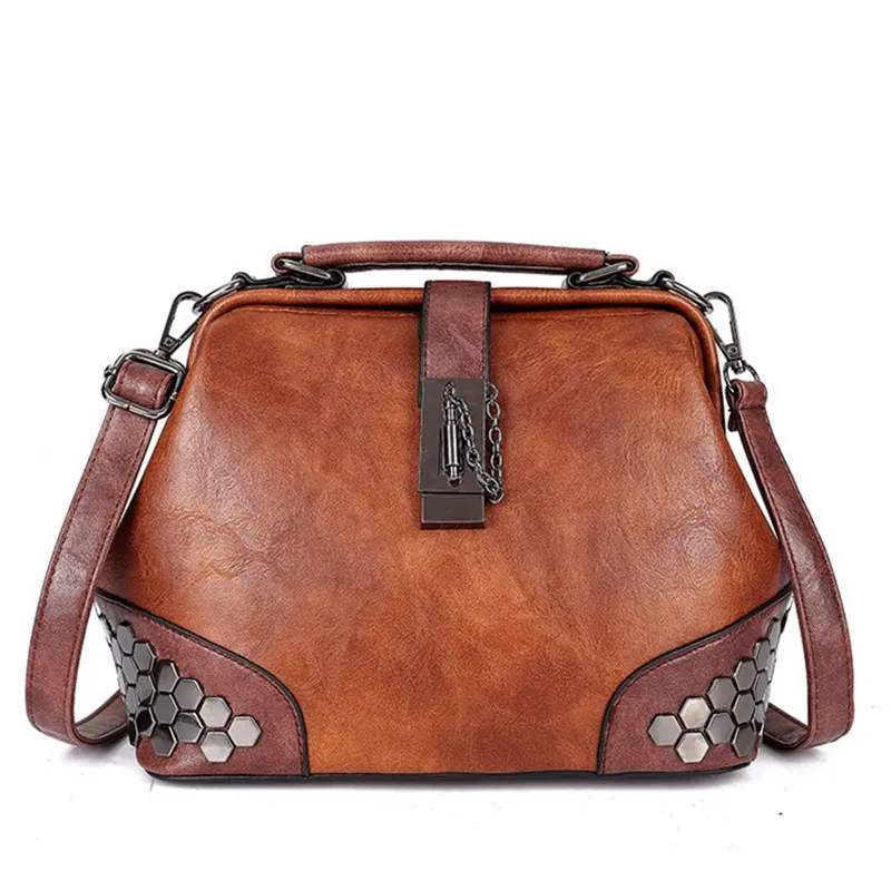Retro Lock Design Women Studded PU Doctor Bag Crossbody