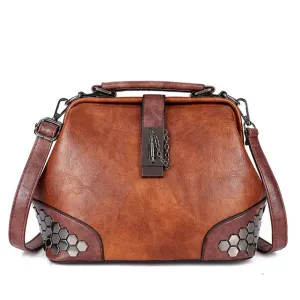 Retro Lock Design Women Studded PU Doctor Bag Crossbody