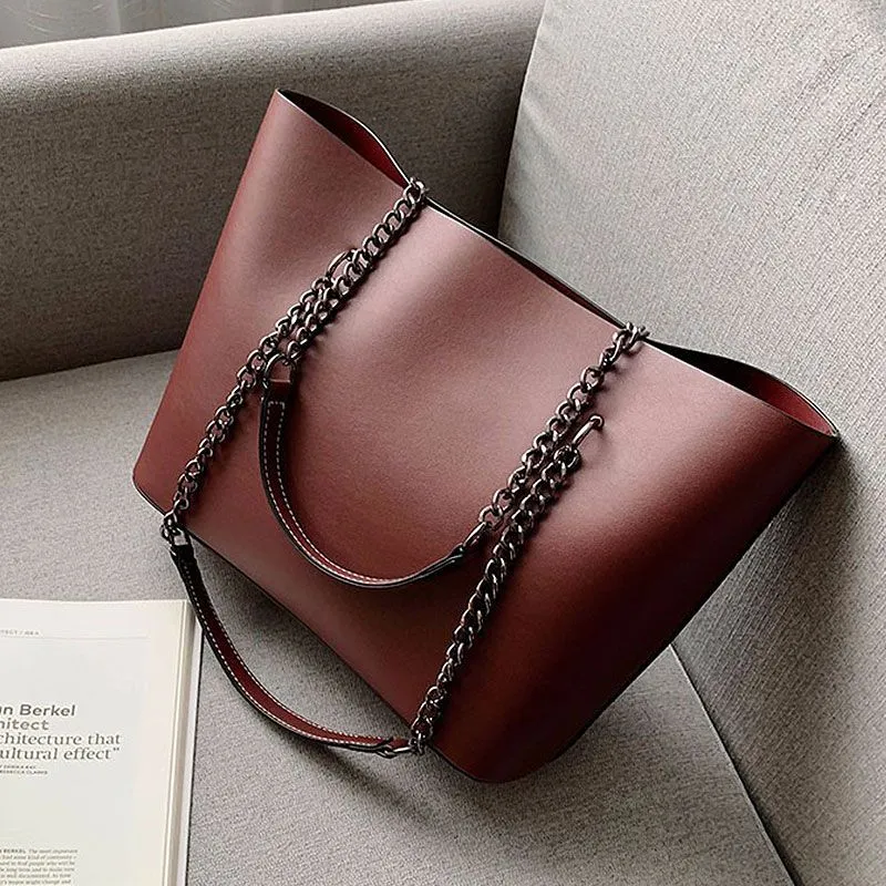 Fashion Retro Large Capacity Handle Chain Tote Bag PU Solid Color Zipper Women's Shoulder Bag