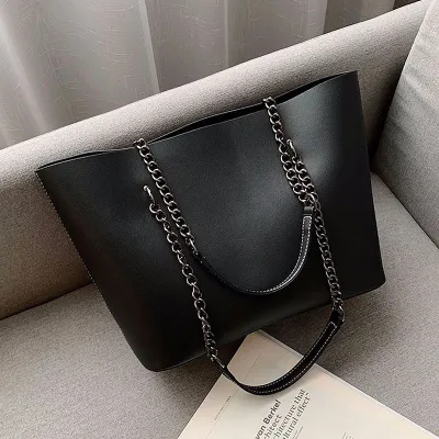 Fashion Retro Large Capacity Handle Chain Tote Bag PU Solid Color Zipper Women's Shoulder Bag