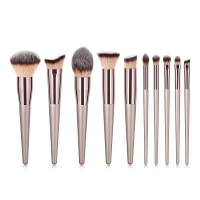 10pcs/set Champagne Gold Professional Makeup Brushes with Nylon Bristles and Wooden Handle
